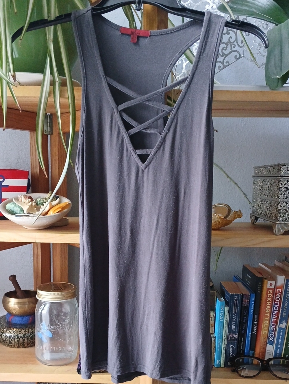 Crisscross V-Neck Tank Top in Charcoal Gray